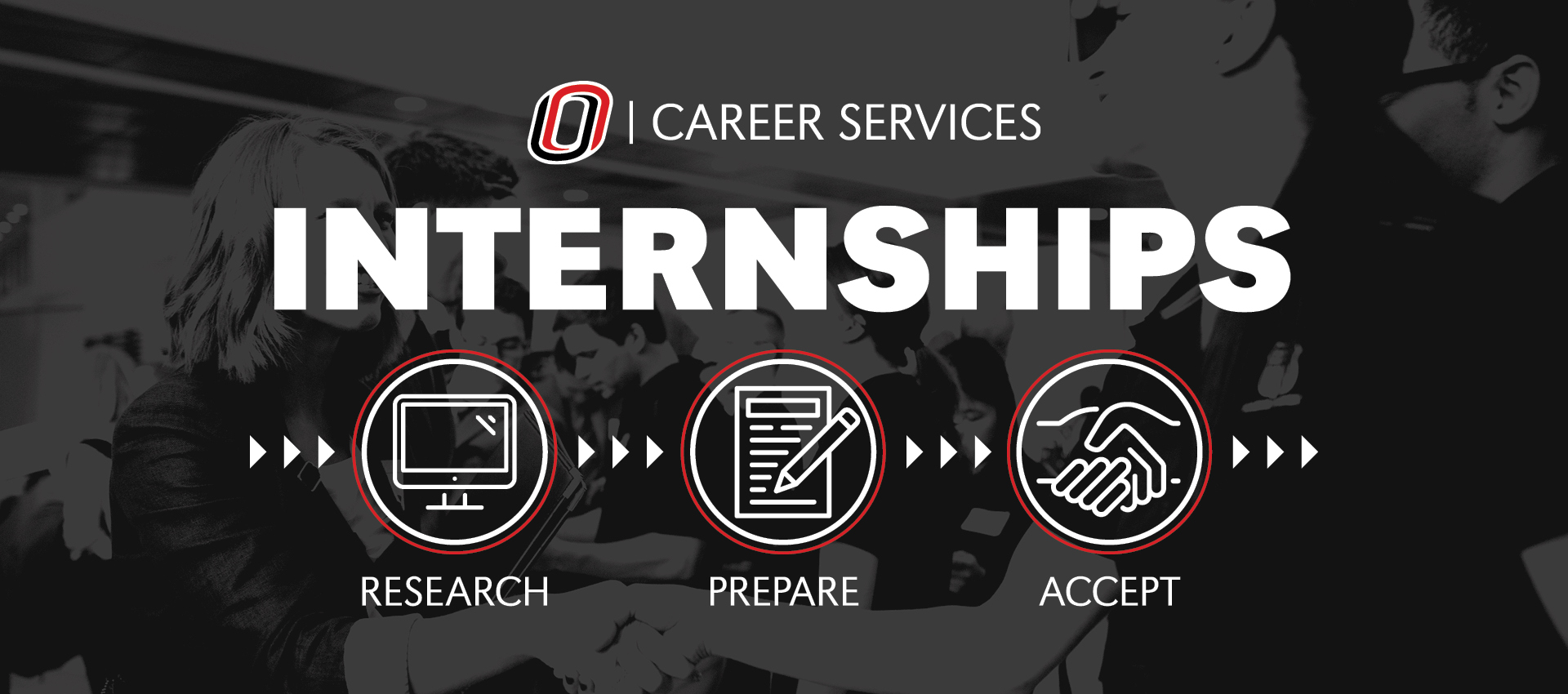 INTERNSHIPS in bold white text, with three red-accented icons illustrating the steps to success: Research, Prepare, Accept, set against a black-and-white background of students networking.